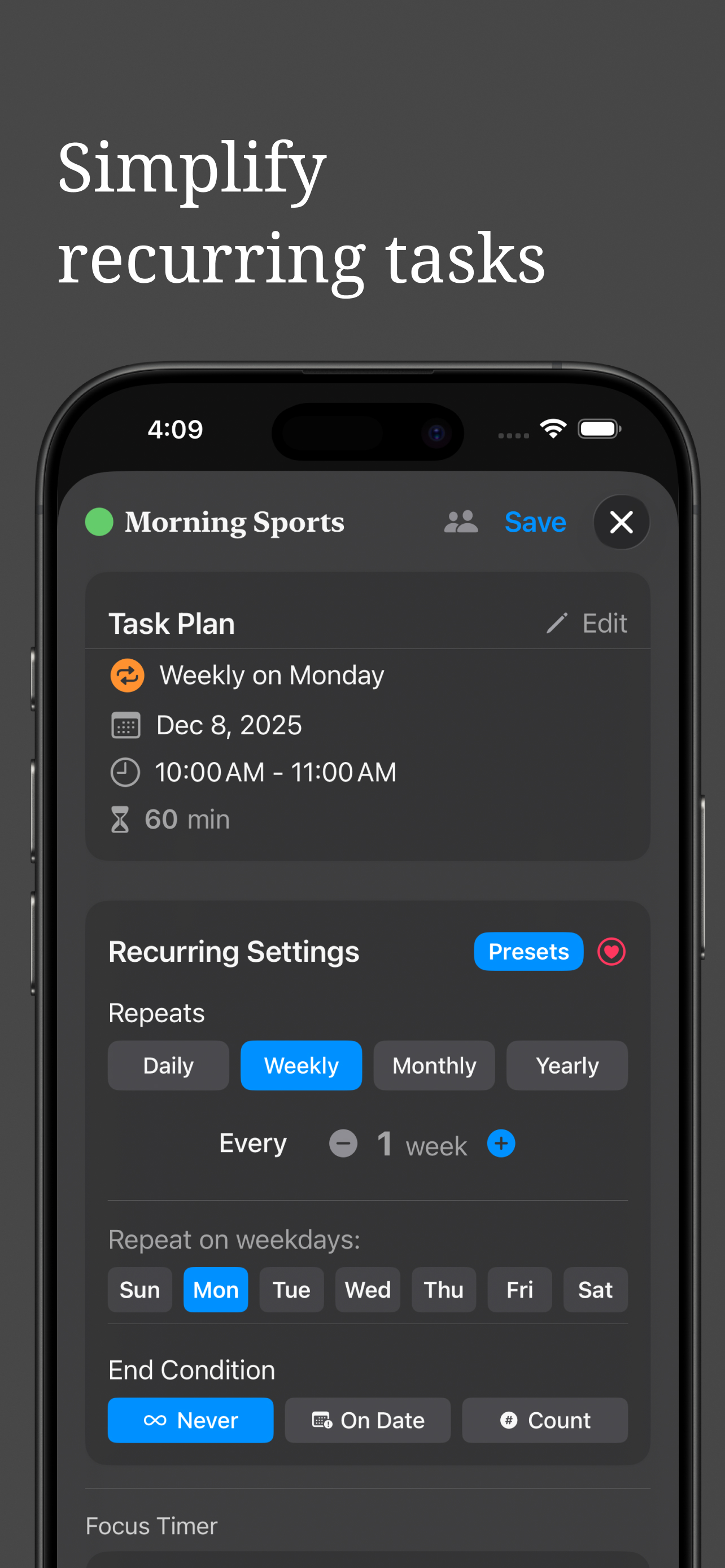 Recurring task settings on iPhone